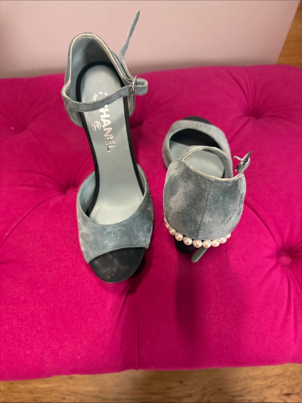 CHANEL Gray Suede Pearl-Trim Ankle-Strap Heels